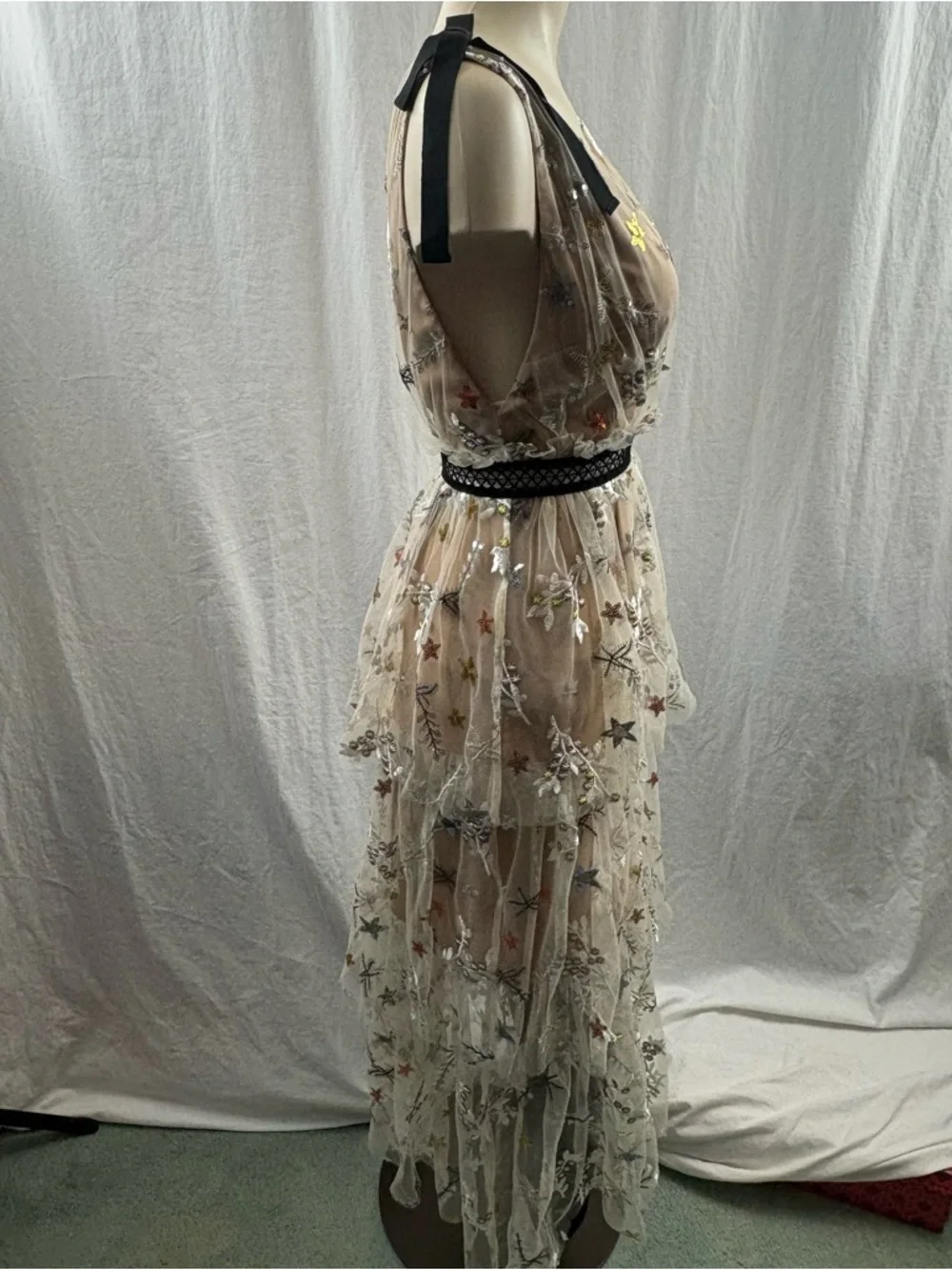 Sheer Star-Embellished Midi Dress in Nude with Black Trim 2 - Picture 9 of 16